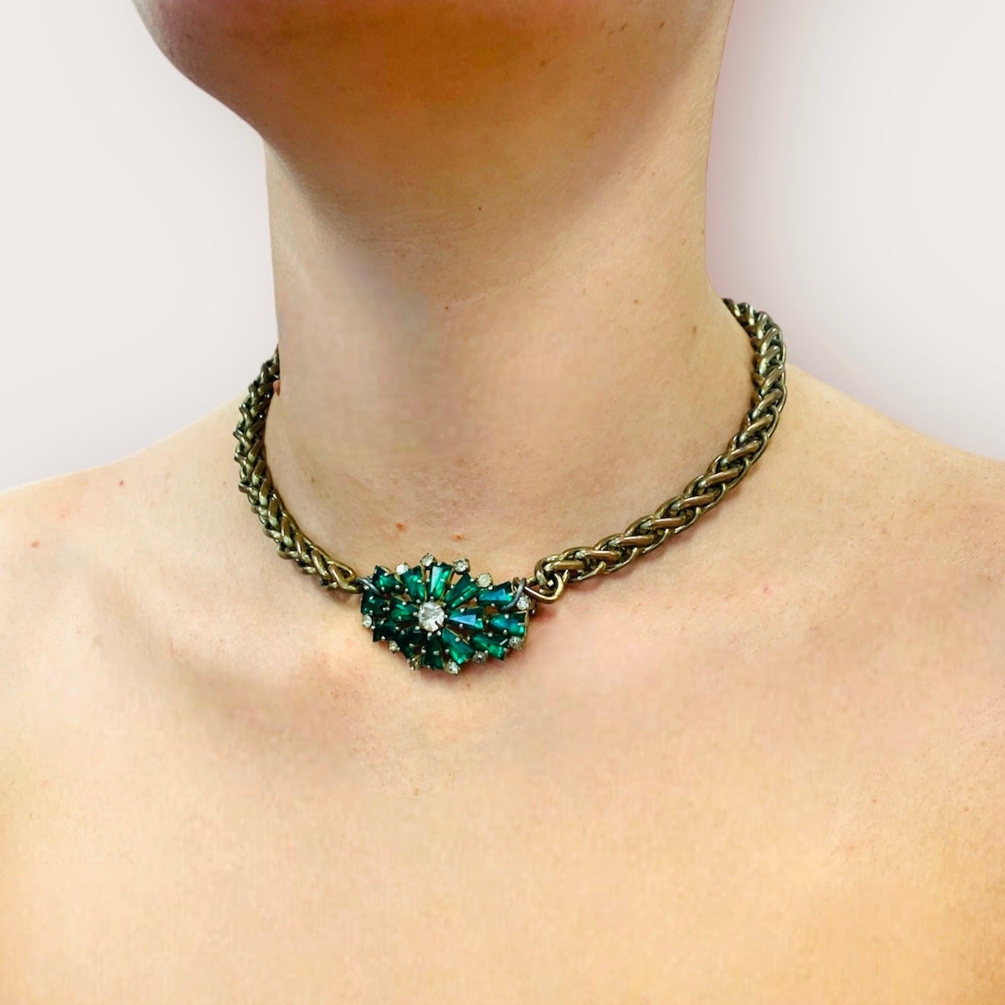 Vintage Bespoke Emerald Brooch Necklace-