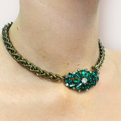 Vintage Bespoke Emerald Brooch Necklace-